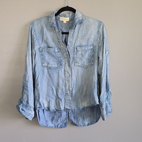 Cloth & Stone Blue Striped Tencel Lyocell Distressed Casual Western Button Shirt - Picture 1 of 10